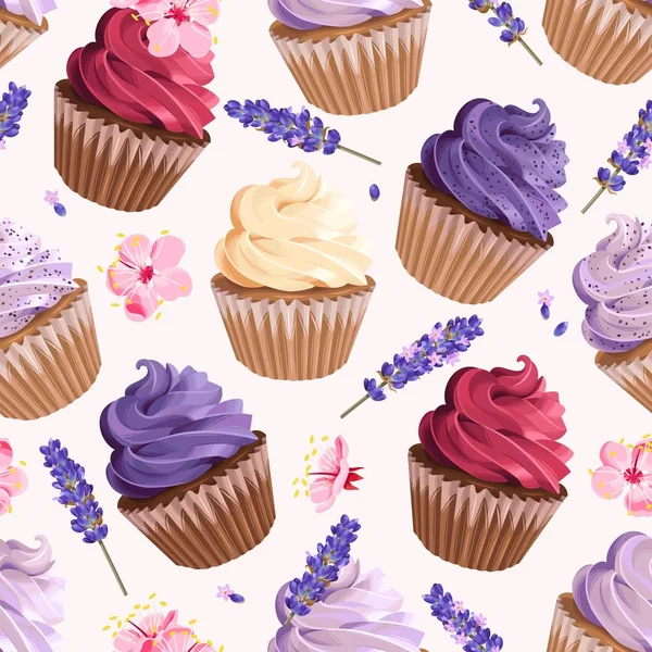 Απρόσκοπτη cupcakes και λουλούδια — Διανυσματικό Αρχείο