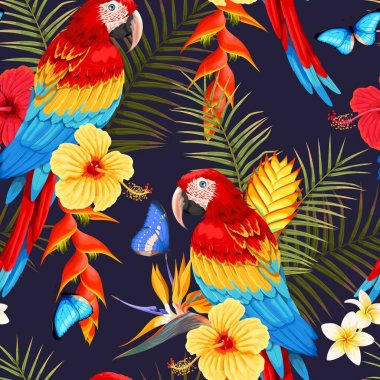 Seamless macaw and flowers clipart