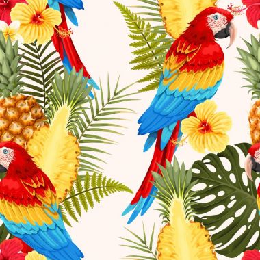 Sorunsuz Amerika papağanı, ananas ve çiçekler