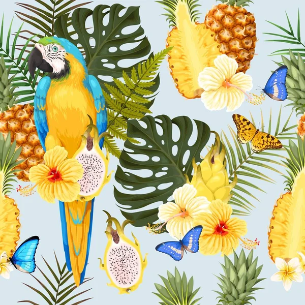 Aras, ananas et fleurs sans couture — Image vectorielle