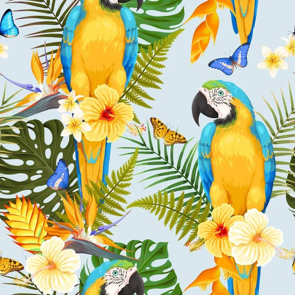 Guacamayo sin costura y flores — Vector de stock