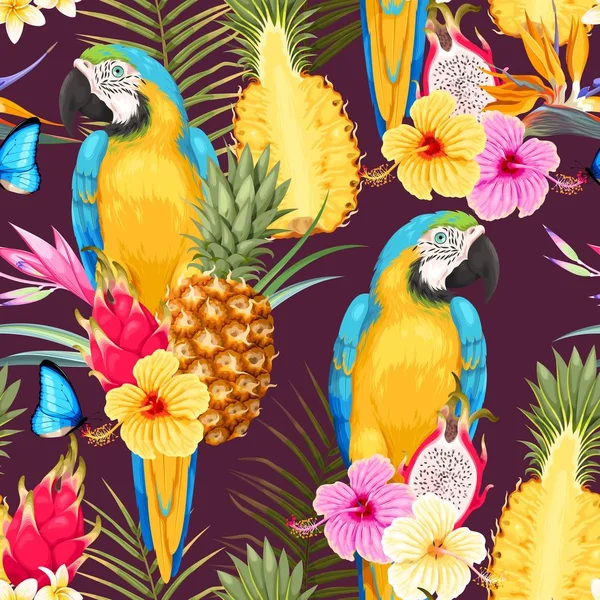 Guacamayo sin costura, piña y flores — Vector de stock