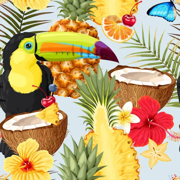 Modèle avec toucans et fruits exotiques — Image vectorielle