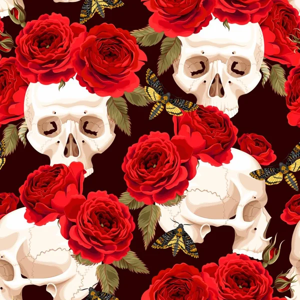 Calaveras y rosas sin costuras — Vector de stock