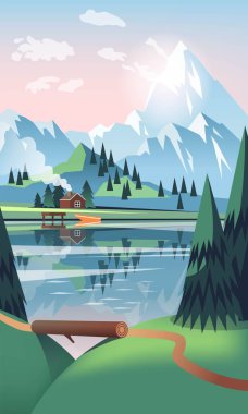 Güzel dağları ve gölü olan vektör manzarası