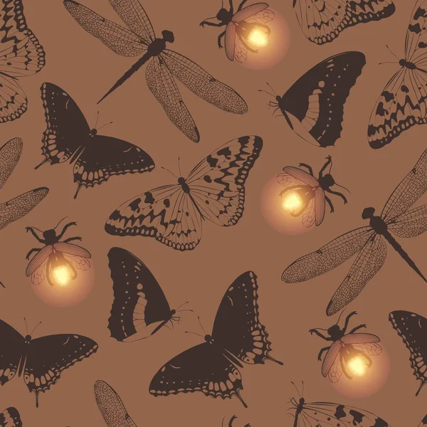 Patrón sin costura vectorial con mariposa y luciérnaga — Vector de stock