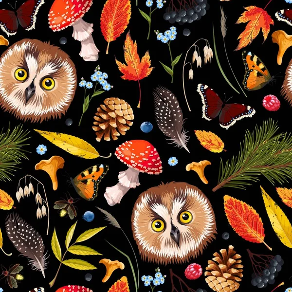 フクロウや葉と森のシームレスなパターン — ストックベクタ