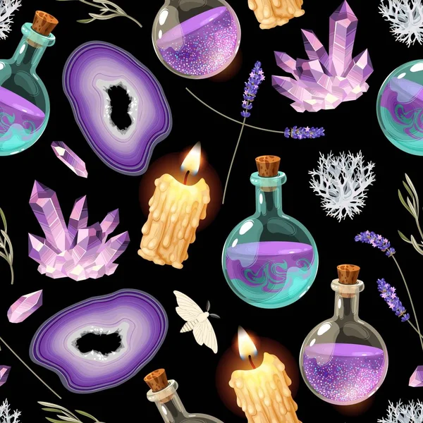 Magische nahtlose Muster mit Glaskolben und Kerze — Stockvektor