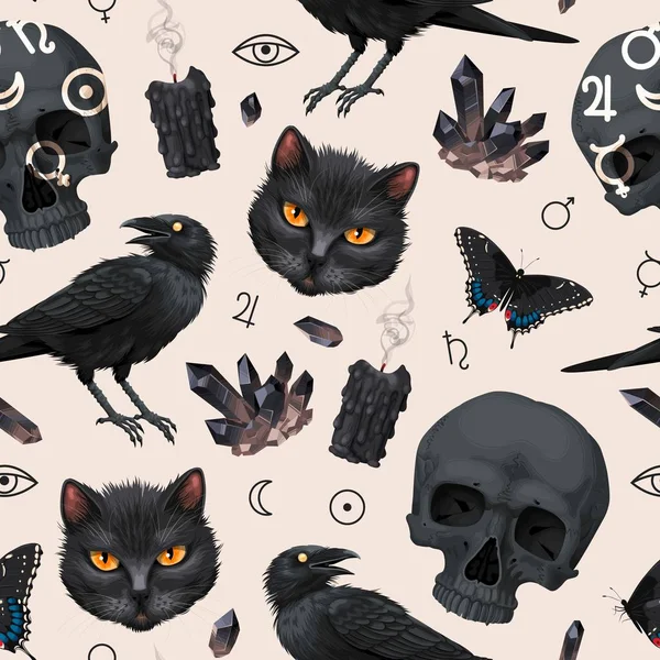 Seamless pattern with raven and black cat — Stock Vector