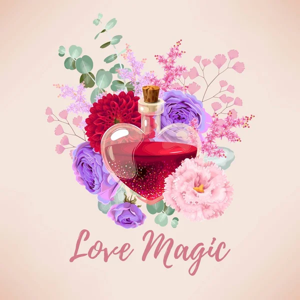 Ilustração de elixir amor vermelho e flores —  Vetores de Stock