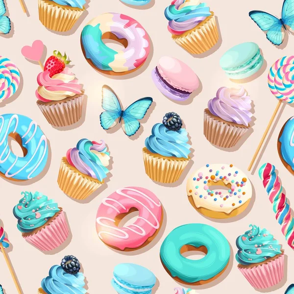 Vector seamless pattern with cupcakes and donuts — 스톡 벡터