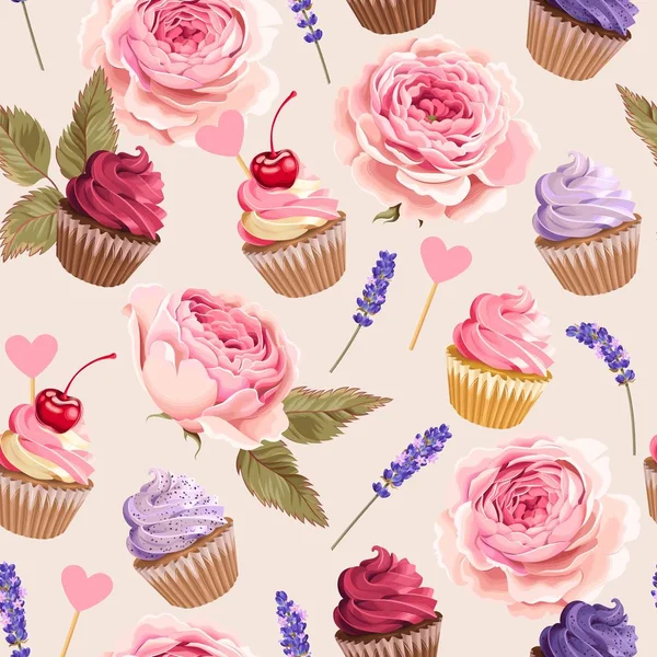 Vector seamless pattern with cupcakes and flowers — 스톡 벡터