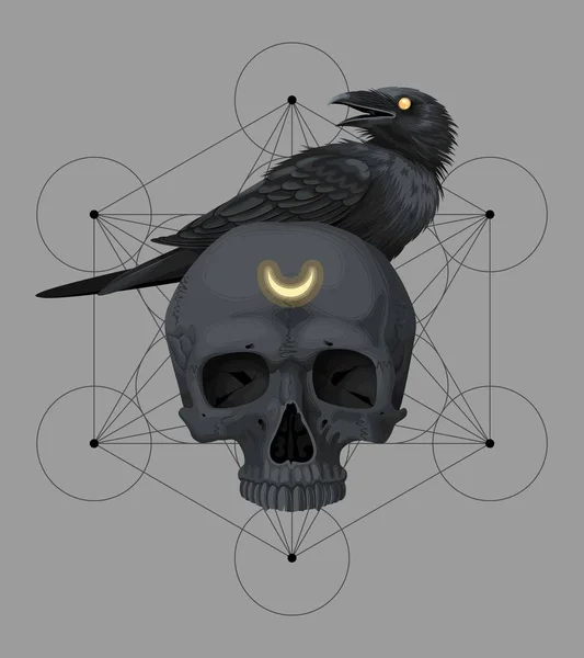 Vector card with black skull and raven — ストックベクタ