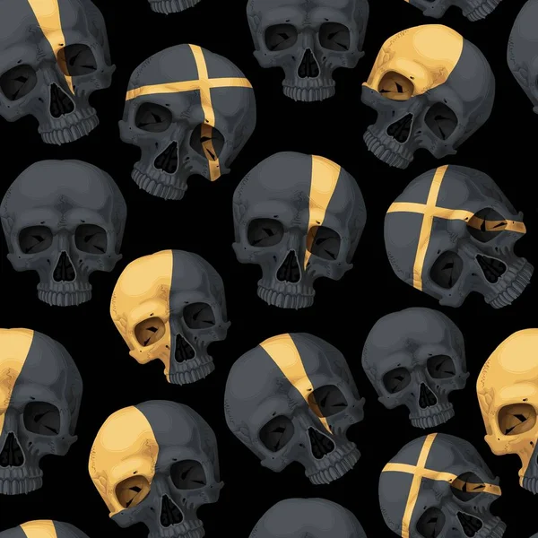 Vector seamless pattern with black human skulls — ストックベクタ