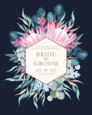 Çiçekler ve yeşillikler ile Vintage düğün kartı