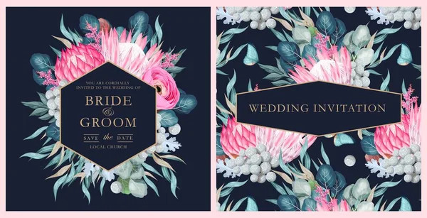 Vintage γαμήλια κάρτα με λουλούδια και πράσινο — Διανυσματικό Αρχείο
