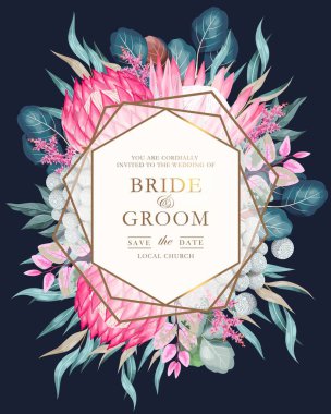 Çiçekler ve yeşillikler ile Vintage düğün kartı