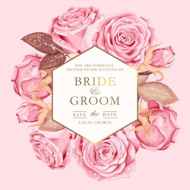 Vintage pembe güllü vektör düğün davetiyesi
