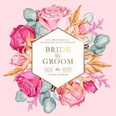 Vintage pembe güllü vektör düğün davetiyesi