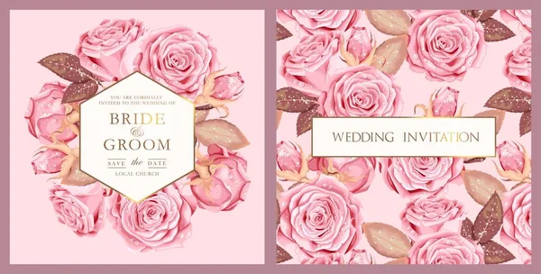 Invitación de boda vectorial con rosas rosadas vintage — Vector de stock