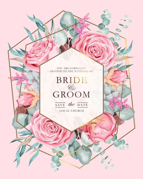 Invitación de boda vectorial con rosas rosadas vintage — Vector de stock
