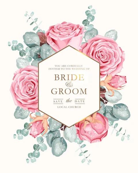 Vector bruiloft uitnodiging met vintage roze rozen — Stockvector