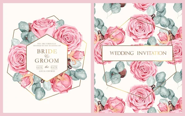 Convite de casamento vetorial com rosas rosa vintage —  Vetores de Stock