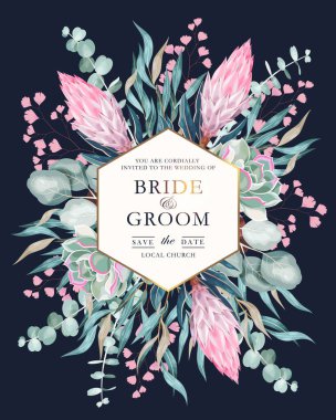 Protea ve yeşillik içeren klasik düğün kartı.