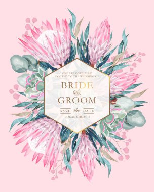 Protea ve yeşillik içeren klasik düğün kartı.