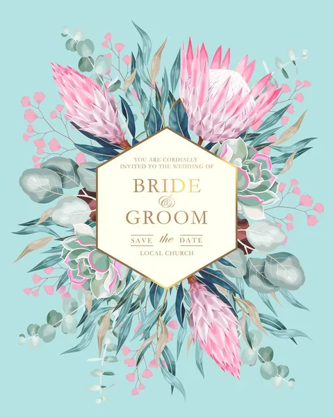 Tarjeta de boda vintage con protea y vegetación — Vector de stock