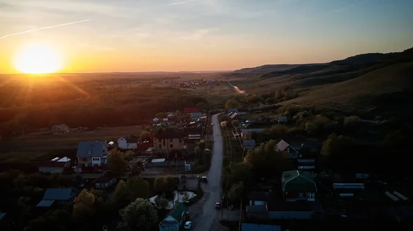 Route Campagne Dans Village Coucher Soleil Sommet — Photo