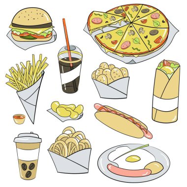 Fast food ve içeceklerin karikatür tarzında izole edilmiş hali.