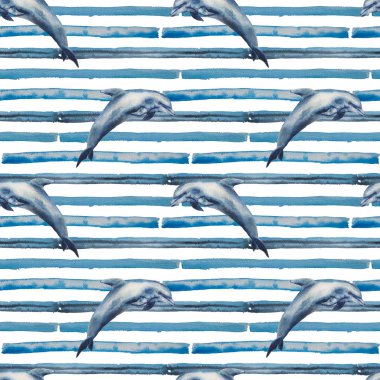 Sulu Boya Dikişsiz desen mavi çizgili ve Yunuslar