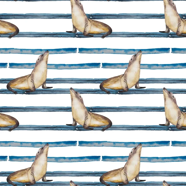 Acuarela inconsútil patrón rayas y focas de mar —  Fotos de Stock