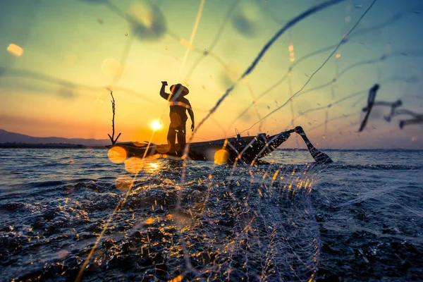 Pescador Neto Puesta Del Sol Silueta Barco — Foto de Stock