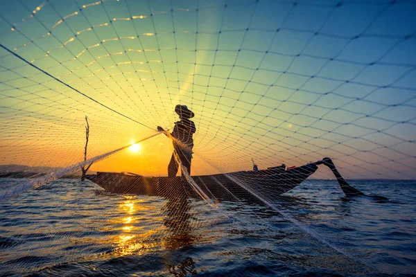 Pescador Neto Puesta Del Sol Silueta Barco — Foto de Stock