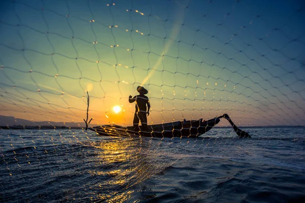 Pescador Neto Puesta Del Sol Silueta Barco — Foto de Stock