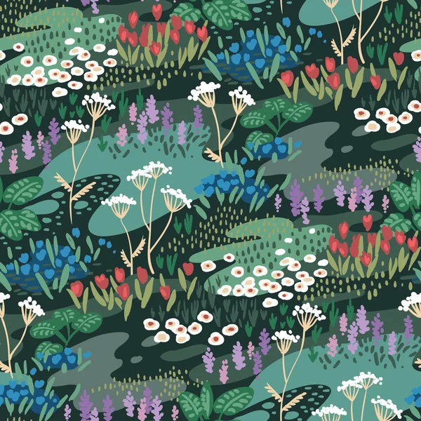 Цветы Зеленой Лужайке Бесшовный Узор Оформления Декора — стоковый вектор
