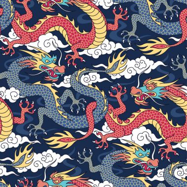 Mavi ve kırmızı ejderha bulutlarda mücadele. Tekstil ve dekorasyon için seamless modeli