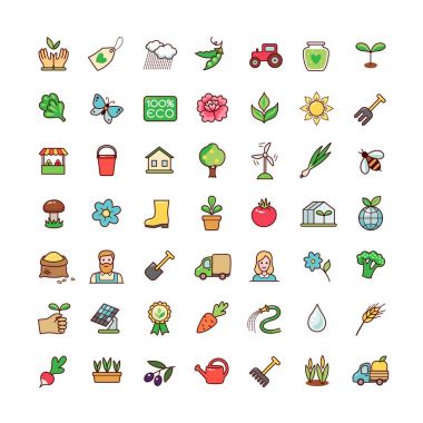 Nesneleri ve tarım için semboller koleksiyonu. Beyaz arka plan üzerinde izole karikatür simgeler kümesi.