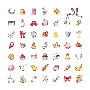 Beyaz arka plan üzerinde izole karikatür simgeler kümesi. Yeni doğan için sevimli resimler koleksiyonu