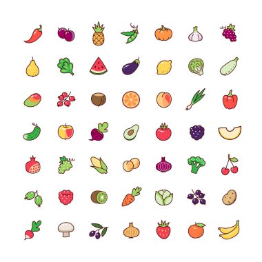 Beyaz arka plan üzerinde izole karikatür simgeler kümesi. Toplama tasarım ve dekorasyon için sebze ve meyve