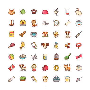 Beyaz arka plan üzerinde izole karikatür simgeler kümesi. Evde beslenen hayvan dükkan için resimler koleksiyonu