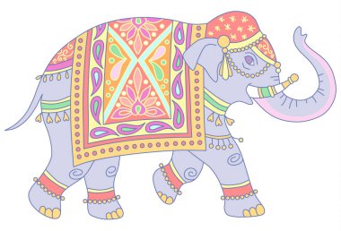 Mavi Hint fil geleneksel tarzında dekore edilmiş. Beyaz arka plan üzerinde izole vektör çizim