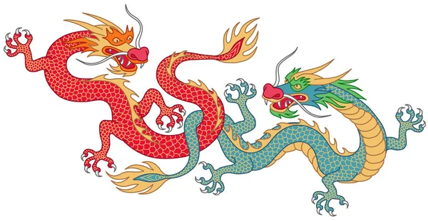 Dos Dragones Chinos Peleando Personajes Dibujos Animados Aislados Sobre Fondo — Vector de stock
