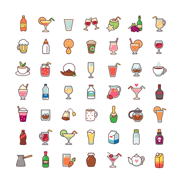 Conjunto Iconos Dibujos Animados Aislados Sobre Fondo Blanco Colección Bebidas — Vector de stock