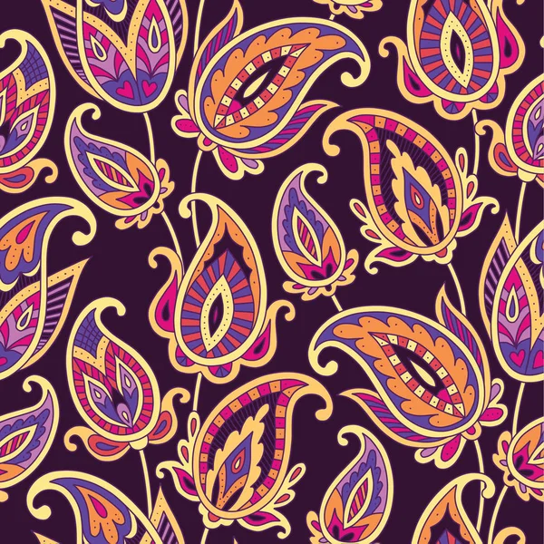 Ornament Indischen Stil Mit Floralen Paisleys Auf Dunklem Hintergrund Nahtlose — Stockvektor