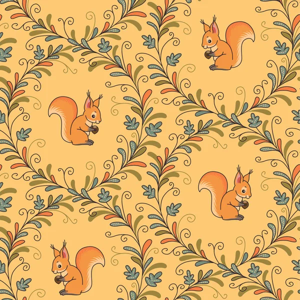 Squirrels Curling Branches Yellow Background Seamless Pattern Textile Design Decoration — Stock Vector