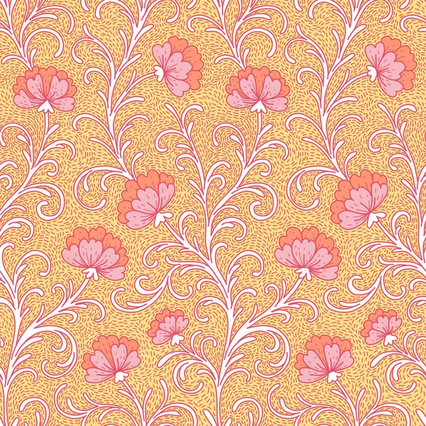 Curly branches with flowers on yellow background.  Seamless pattern for textile design and decoration