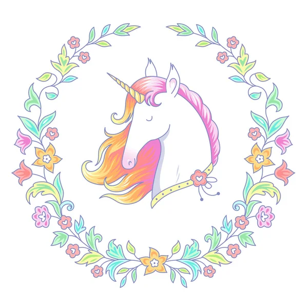 Hoofd Voor Witte Unicorn Ronde Bloemen Frame Stripfiguur Geïsoleerd Witte — Stockvector